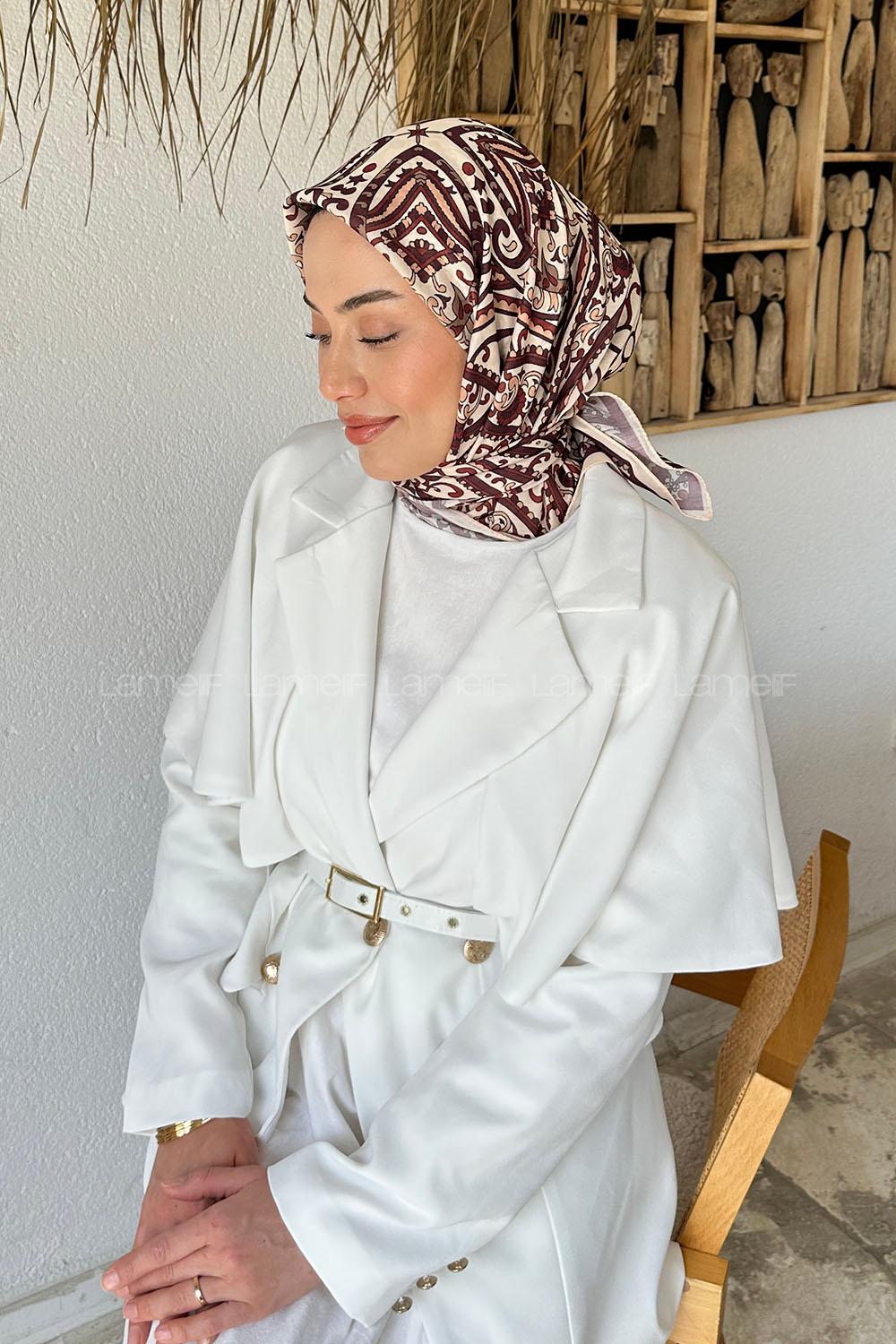 Lamelif Retro Desen Soft Eşarp Bordo Bej