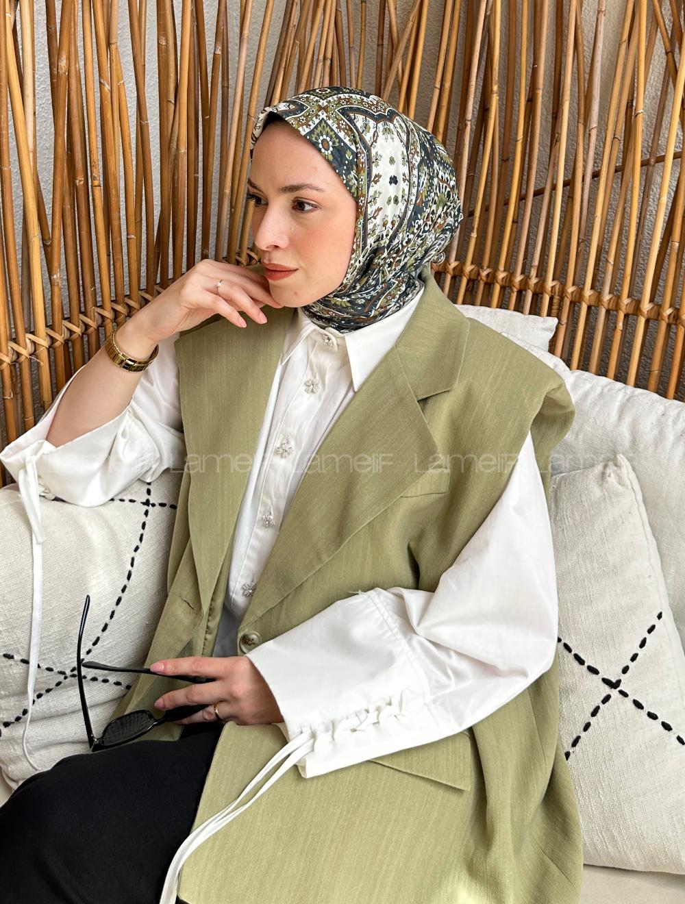 Lamelif Retro Desen Soft Eşarp Çağla Yeşili