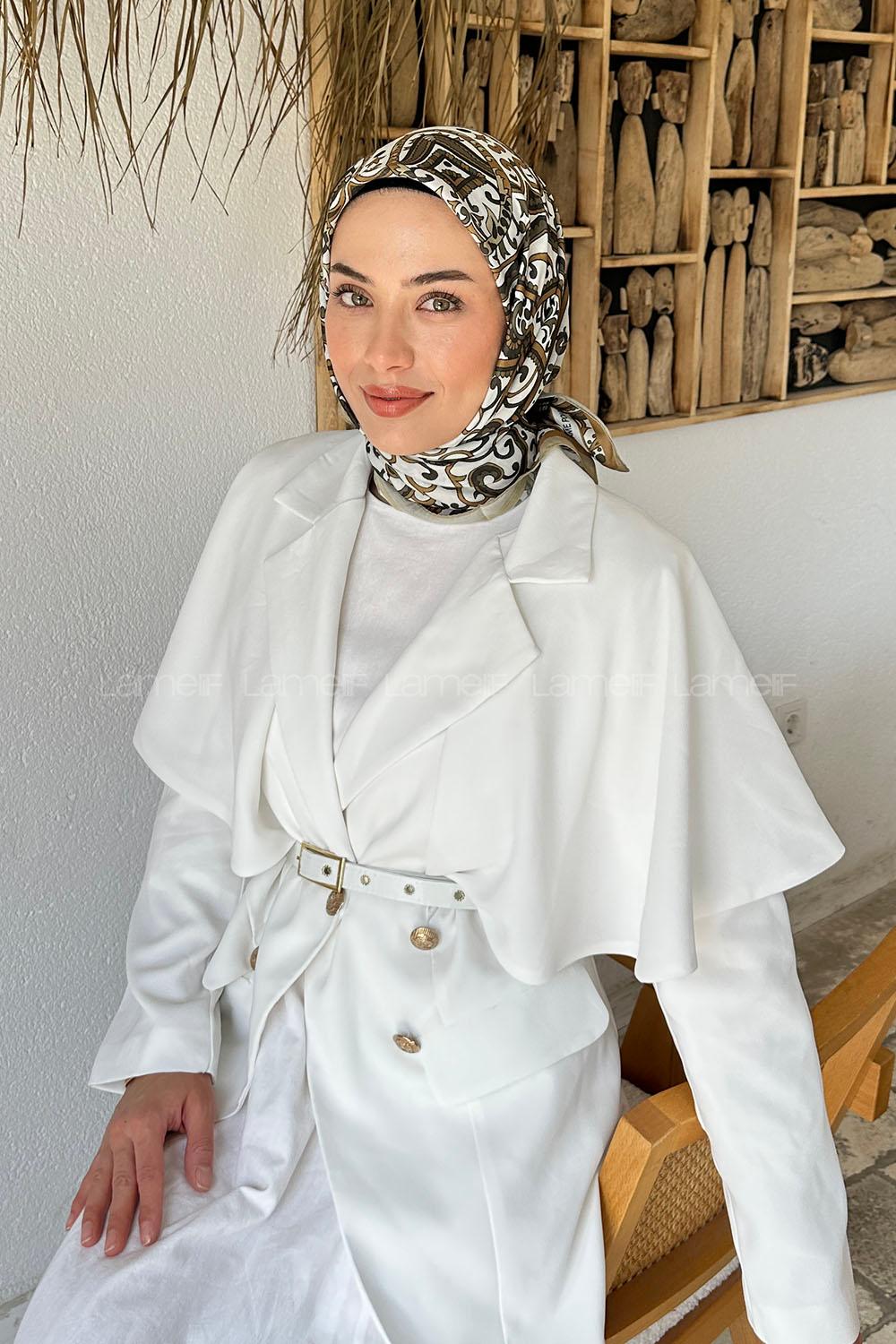 Lamelif Retro Desen Soft Eşarp Camel Kırık Beyaz