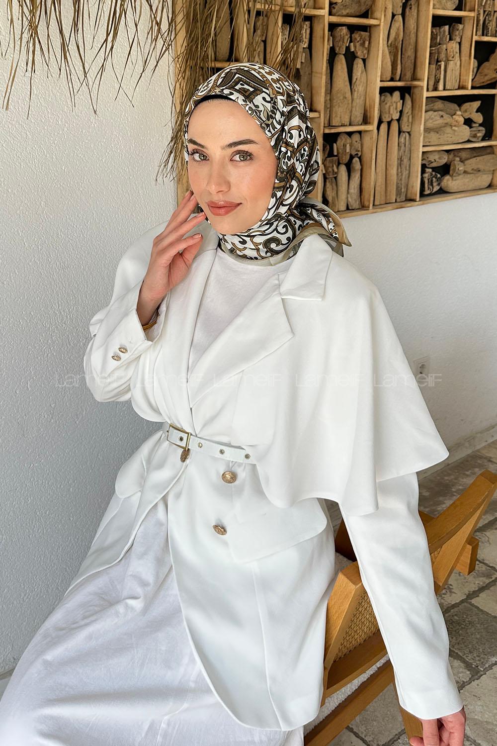 Lamelif Retro Desen Soft Eşarp Camel Kırık Beyaz