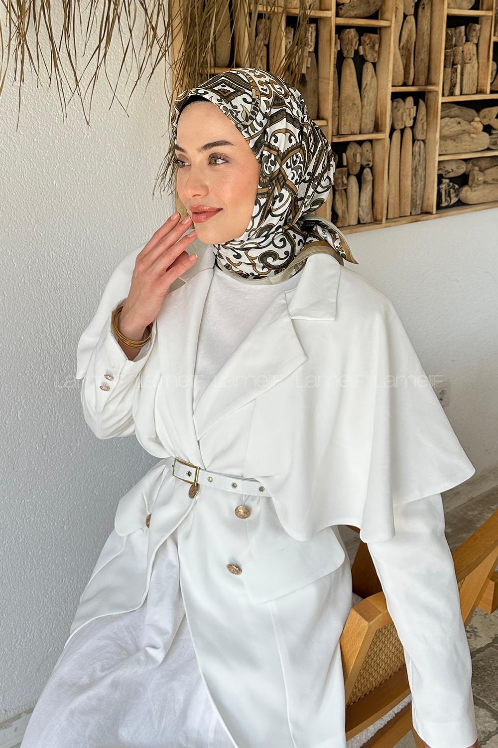 Lamelif Retro Desen Soft Eşarp Camel Kırık Beyaz