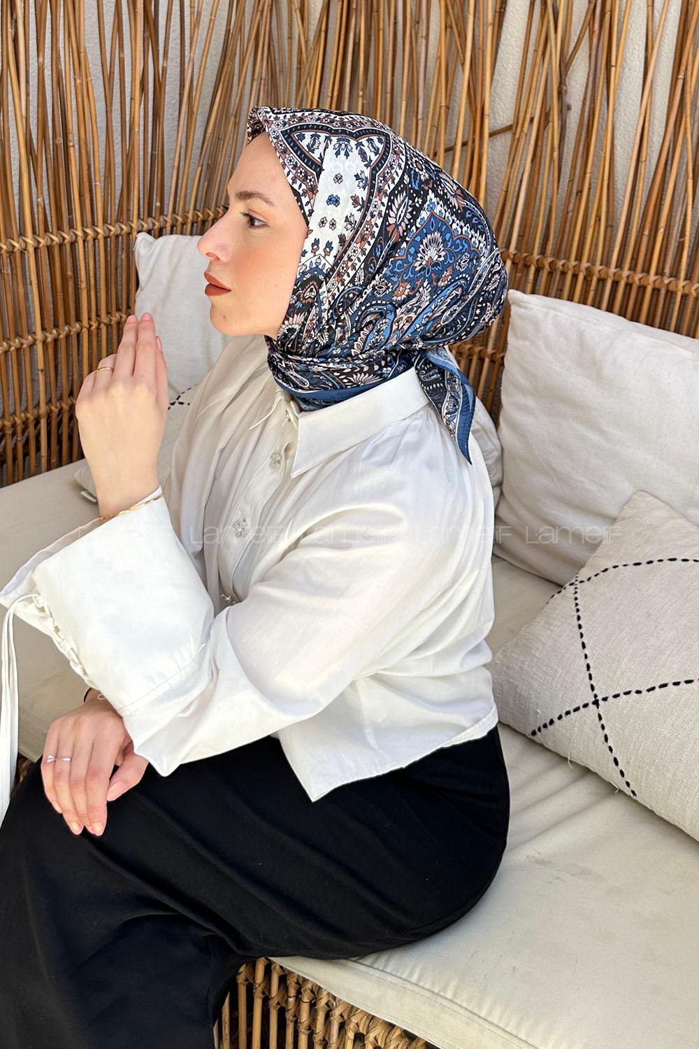 Lamelif Retro Desen Soft Eşarp Gece Mavisi