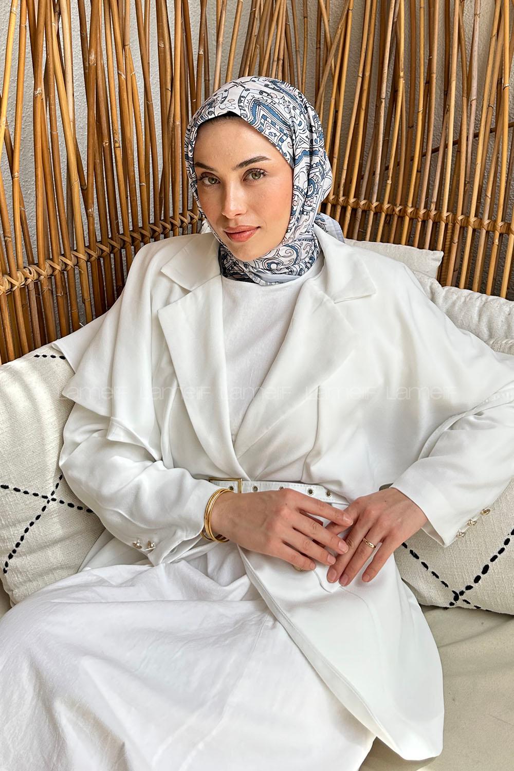 Lamelif Retro Desen Soft Eşarp Gri İndigo