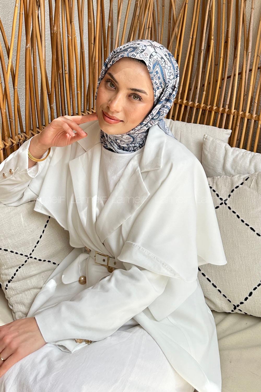 Lamelif Retro Desen Soft Eşarp Gri İndigo