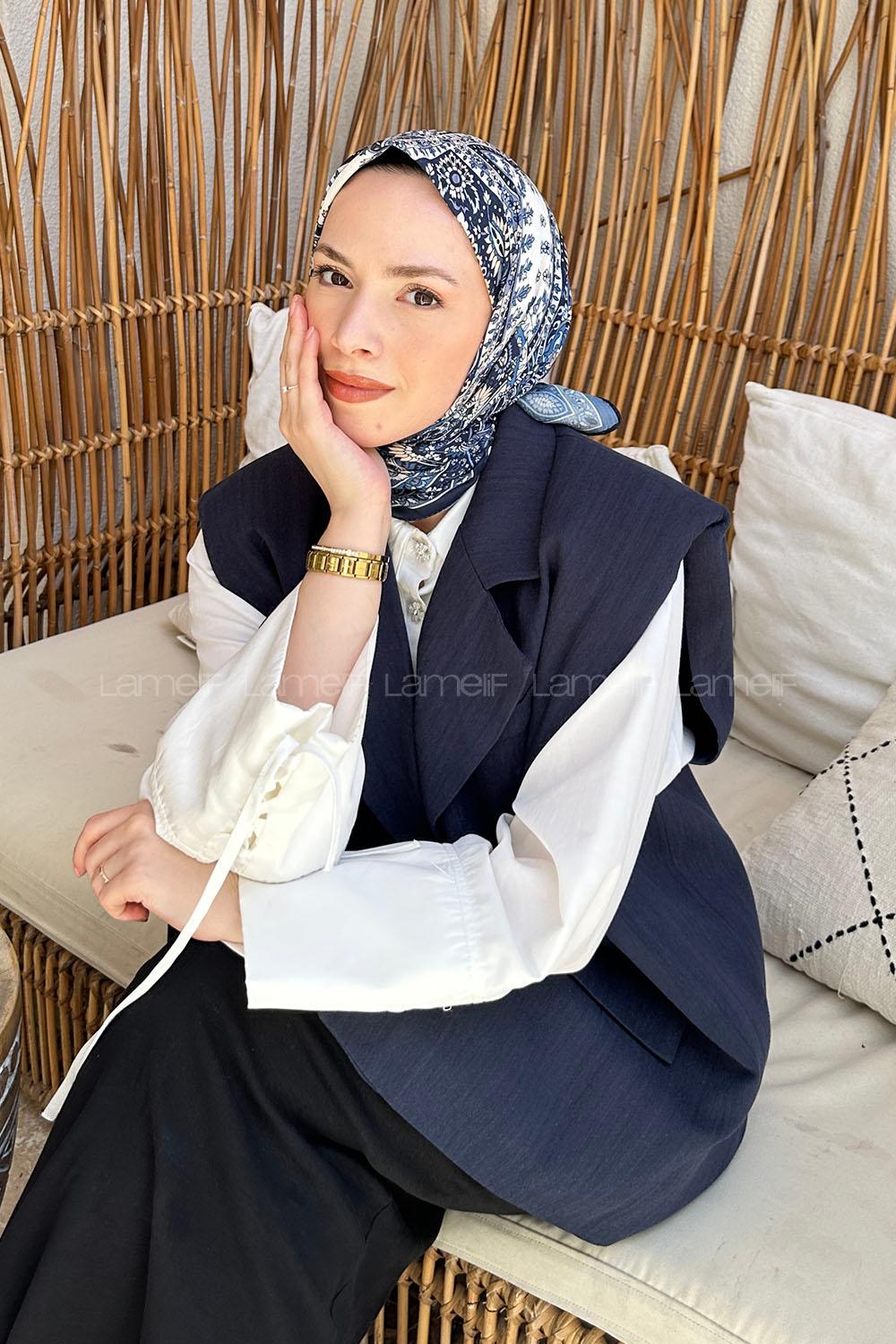 Lamelif Retro Desen Soft Eşarp Lacivert