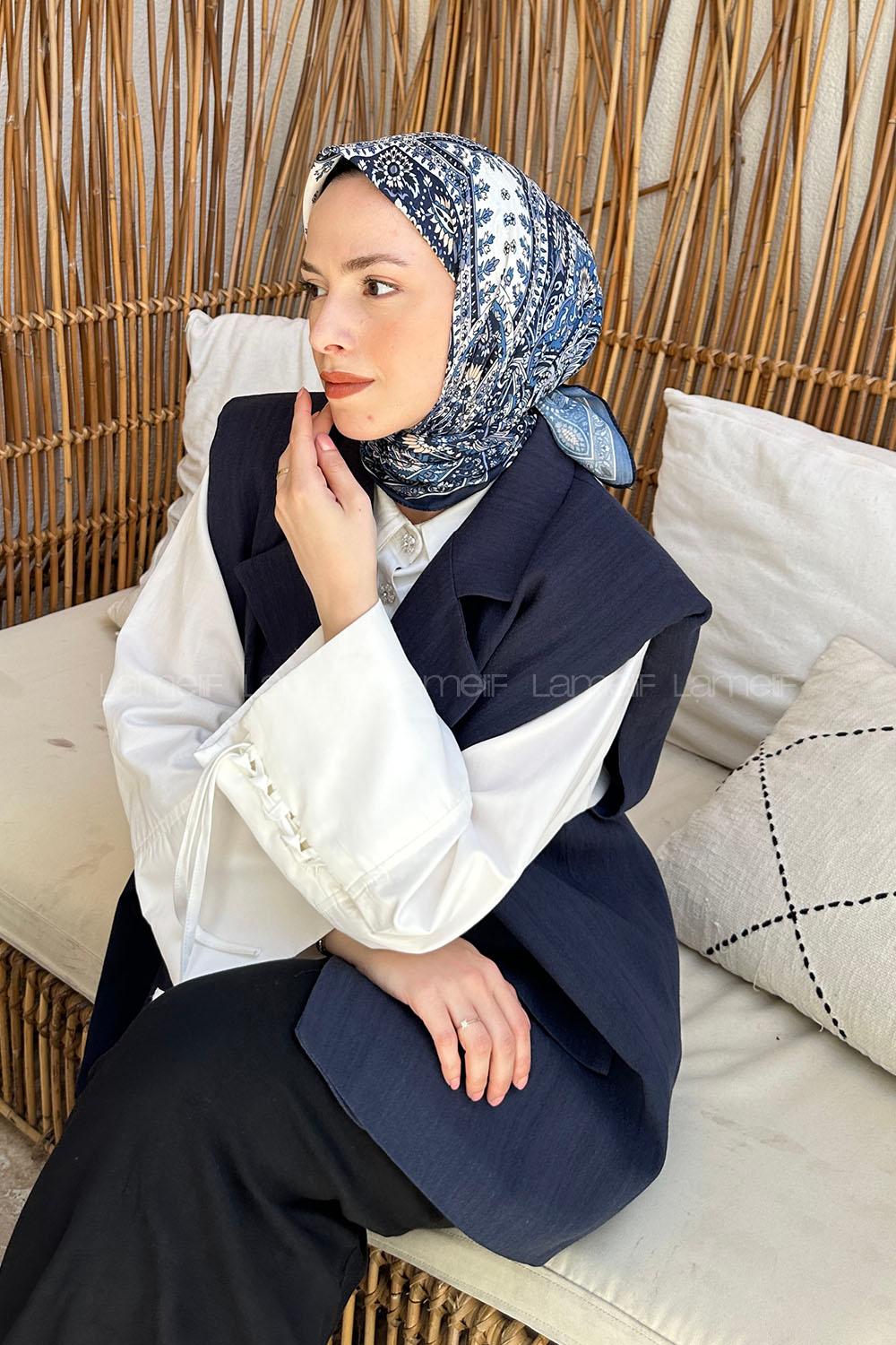 Lamelif Retro Desen Soft Eşarp Lacivert