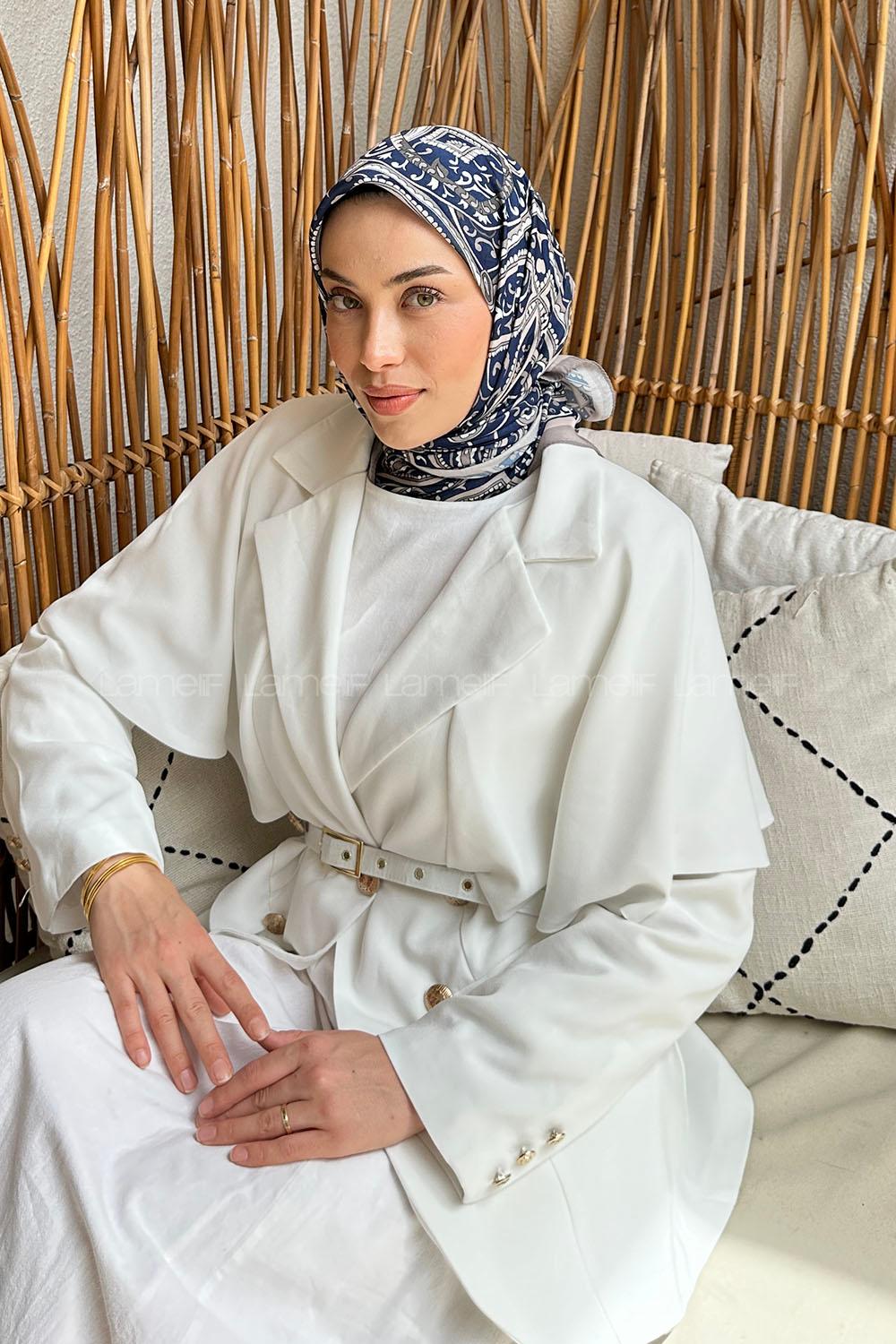 Lamelif Retro Desen Soft Eşarp Lacivert