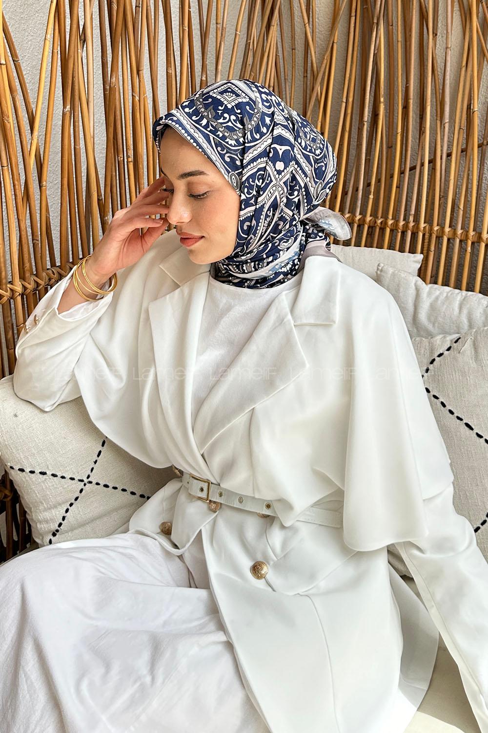 Lamelif Retro Desen Soft Eşarp Lacivert