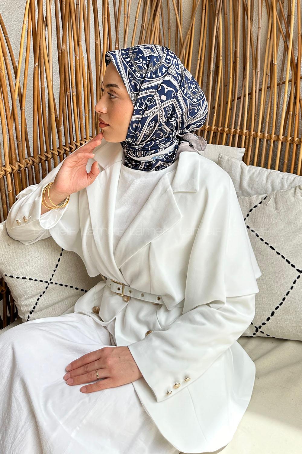 Lamelif Retro Desen Soft Eşarp Lacivert