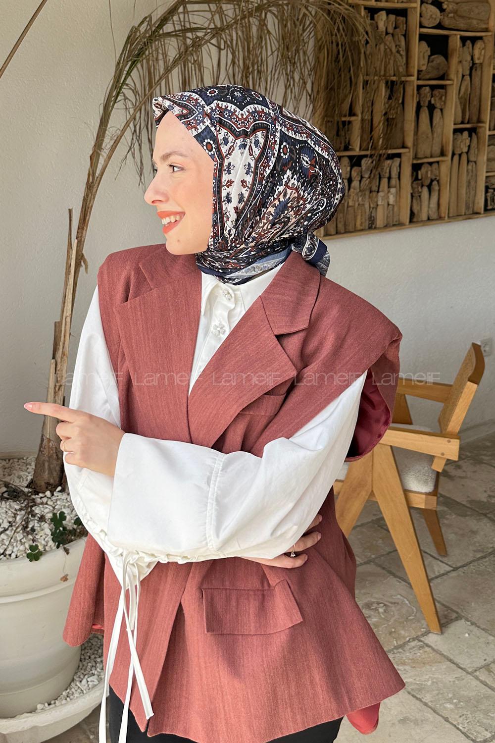 Lamelif Retro Desen Soft Eşarp Lacivert Kiremit