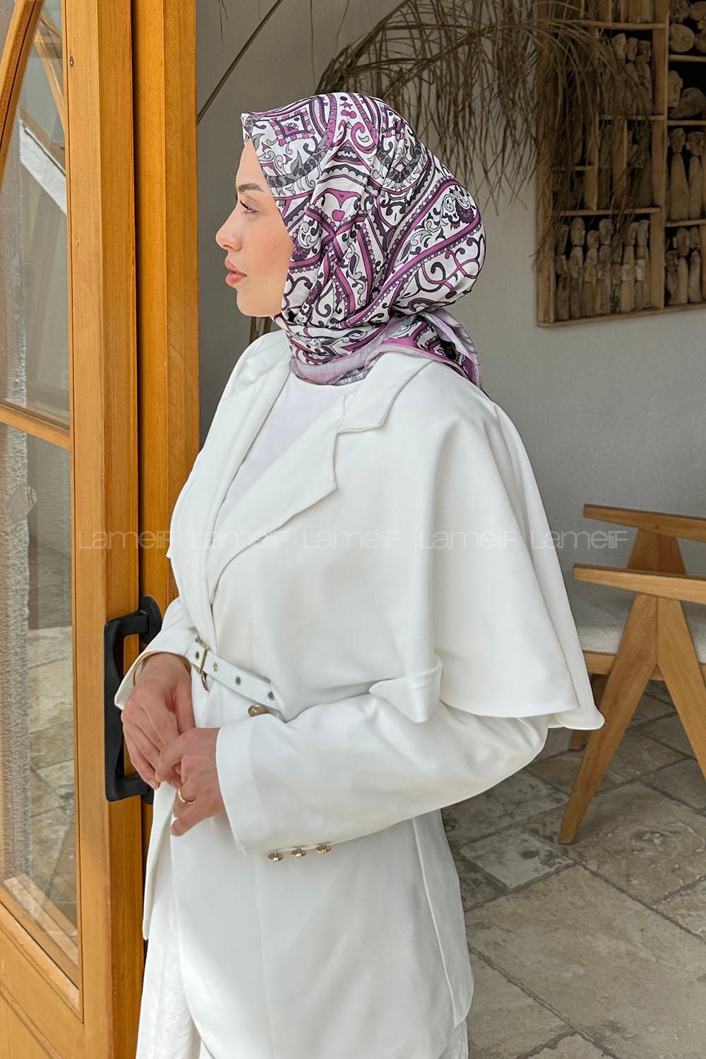 Lamelif Retro Desen Soft Eşarp Lila Kırık Beyaz