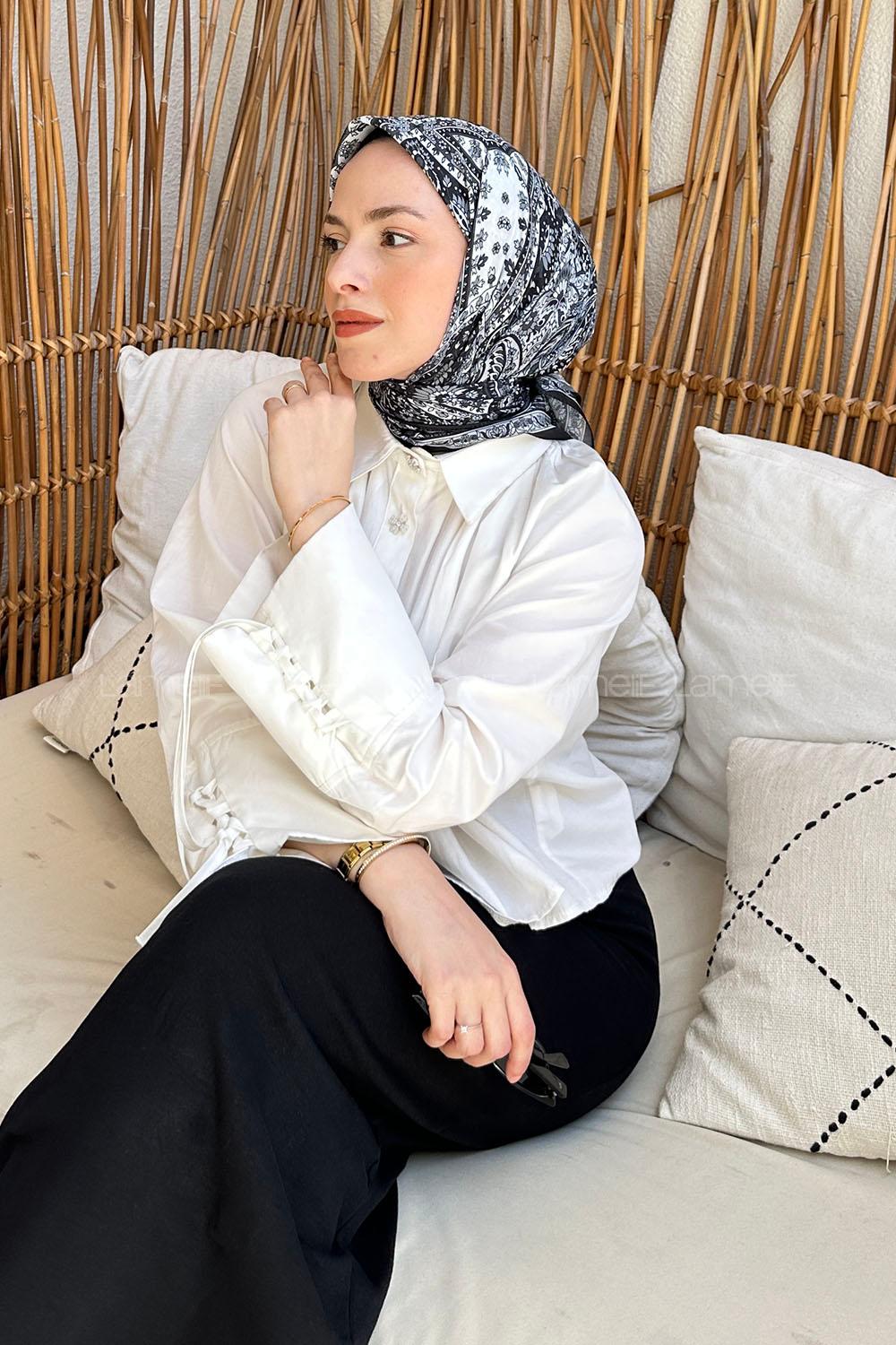 Lamelif Retro Desen Soft Eşarp Siyah