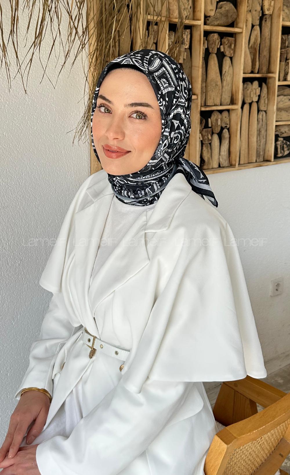 Lamelif Retro Desen Soft Eşarp Siyah