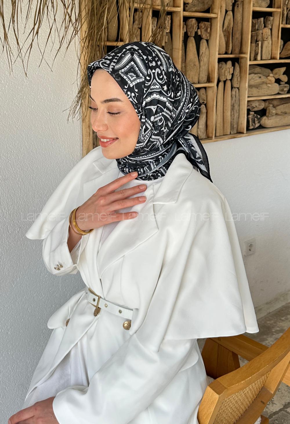 Lamelif Retro Desen Soft Eşarp Siyah