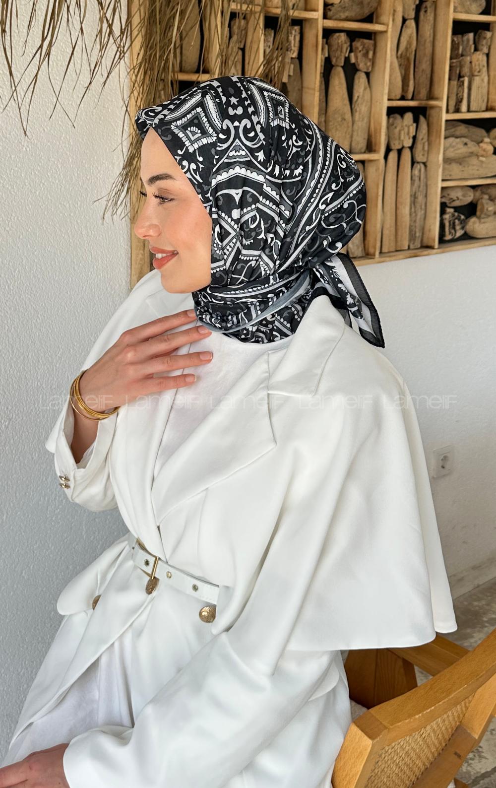 Lamelif Retro Desen Soft Eşarp Siyah