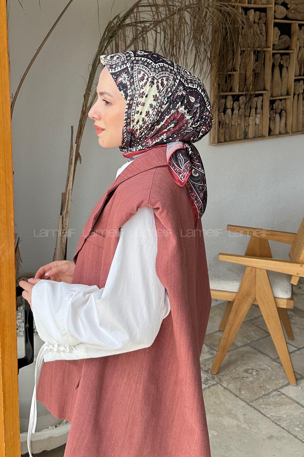 Lamelif Retro Desen Soft Eşarp Siyah Bordo