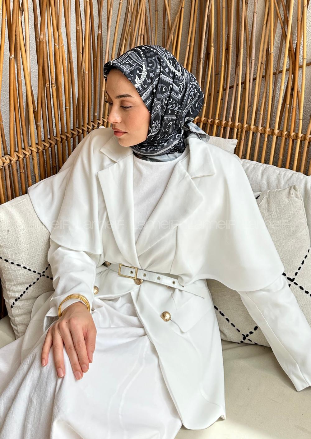 Lamelif Retro Desen Soft Eşarp Siyah Gri