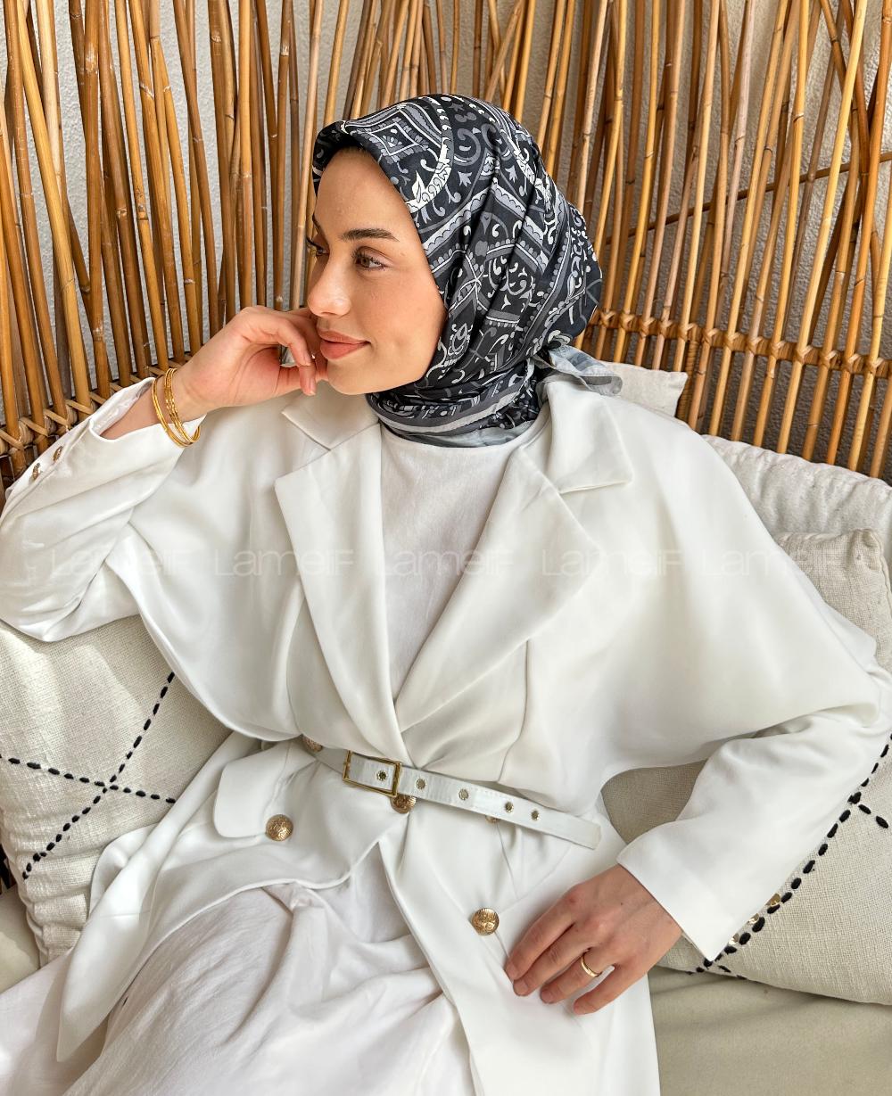 Lamelif Retro Desen Soft Eşarp Siyah Gri