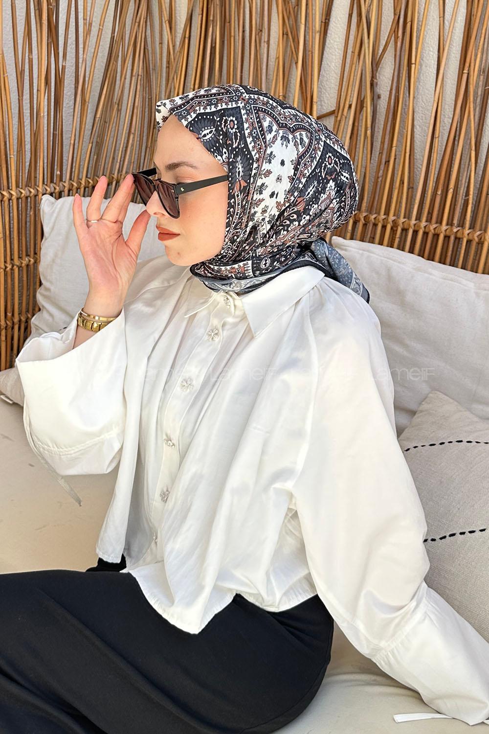 Lamelif Retro Desen Soft Eşarp Siyah Kahverengi