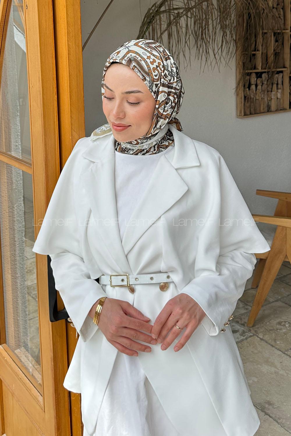 Brown With Milk Cotton Fabric Striped Flowering Straight Printed Scarf