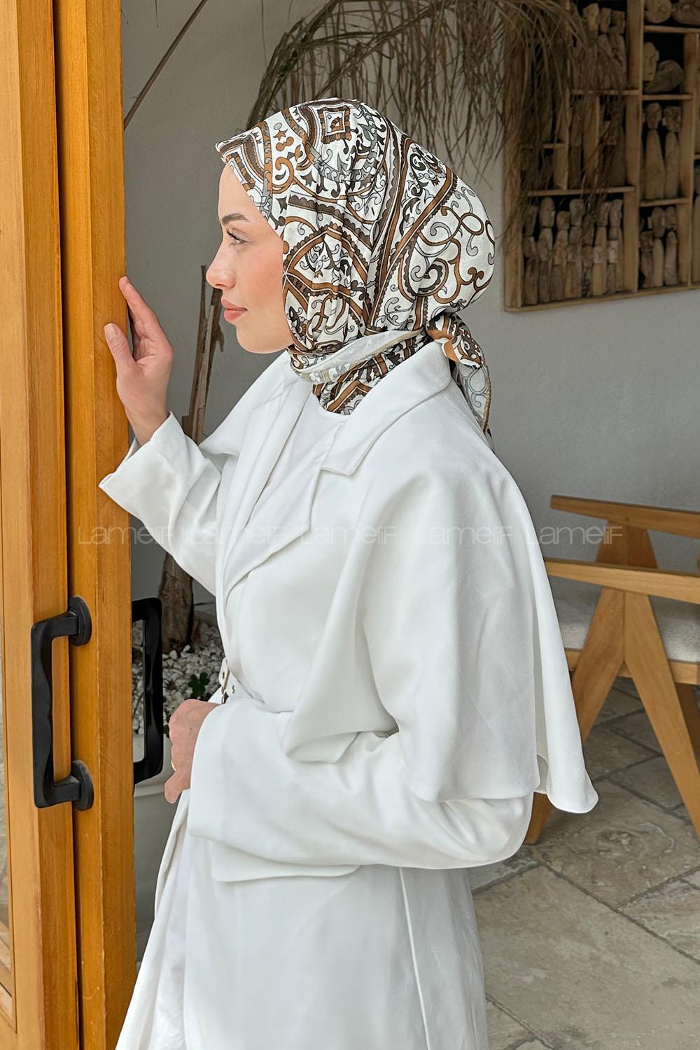 Brown With Milk Cotton Fabric Striped Flowering Straight Printed Scarf