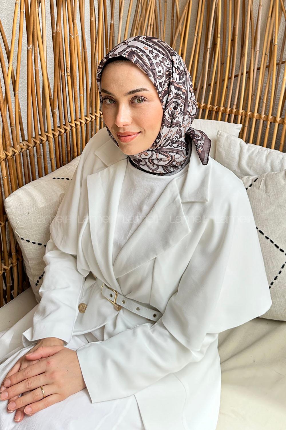 Lamelif Retro Desen Soft Eşarp Vizon Acı Kahve