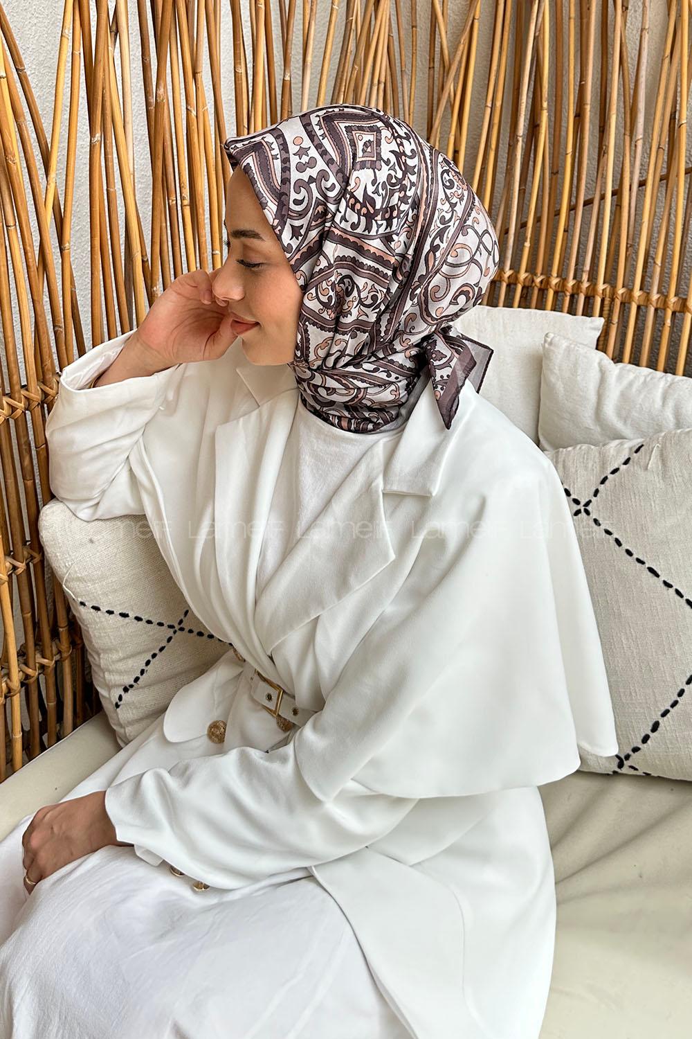 Lamelif Retro Desen Soft Eşarp Vizon Acı Kahve