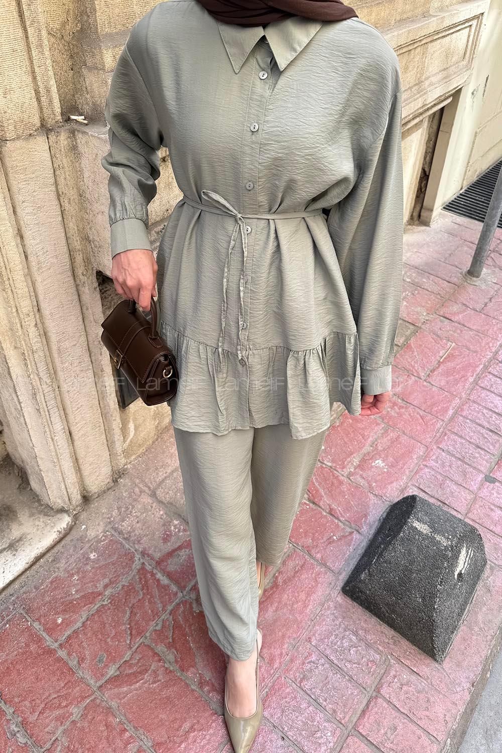 Lamelif Büzgü Detaylı İkili Takım Mint Yeşili