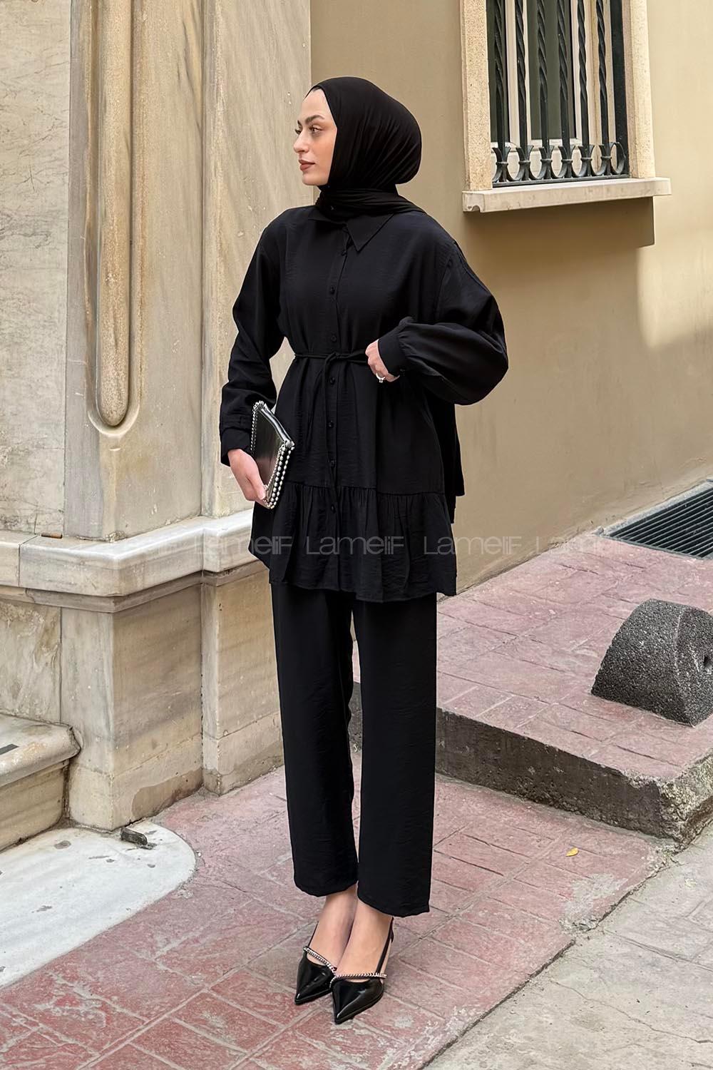 Lamelif Büzgü Detaylı İkili Takım Siyah