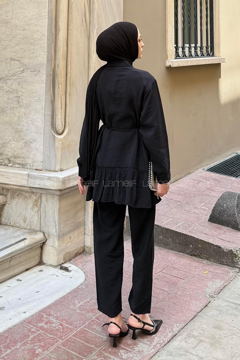 Lamelif Büzgü Detaylı İkili Takım Siyah