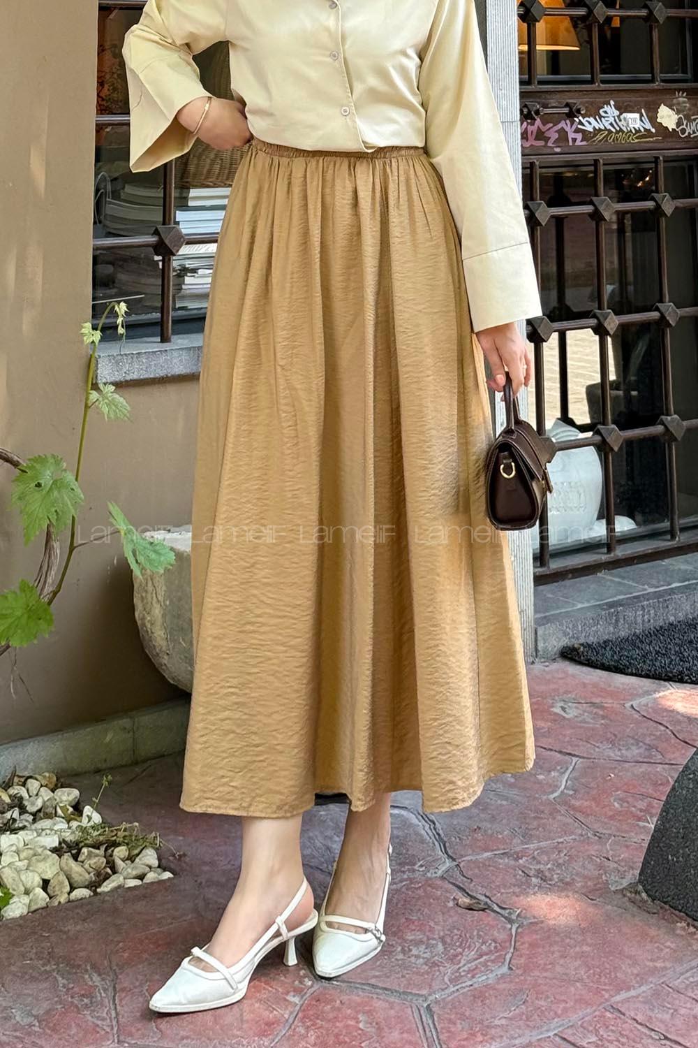 Lamelif Cep Detaylı Keten Etek Koyu Kahverengi