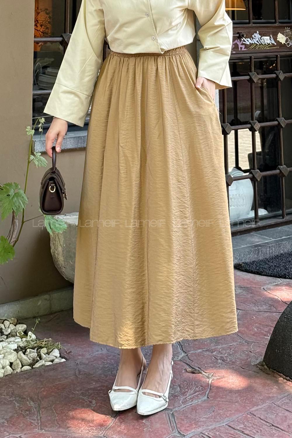 Lamelif Cep Detaylı Keten Etek Koyu Kahverengi