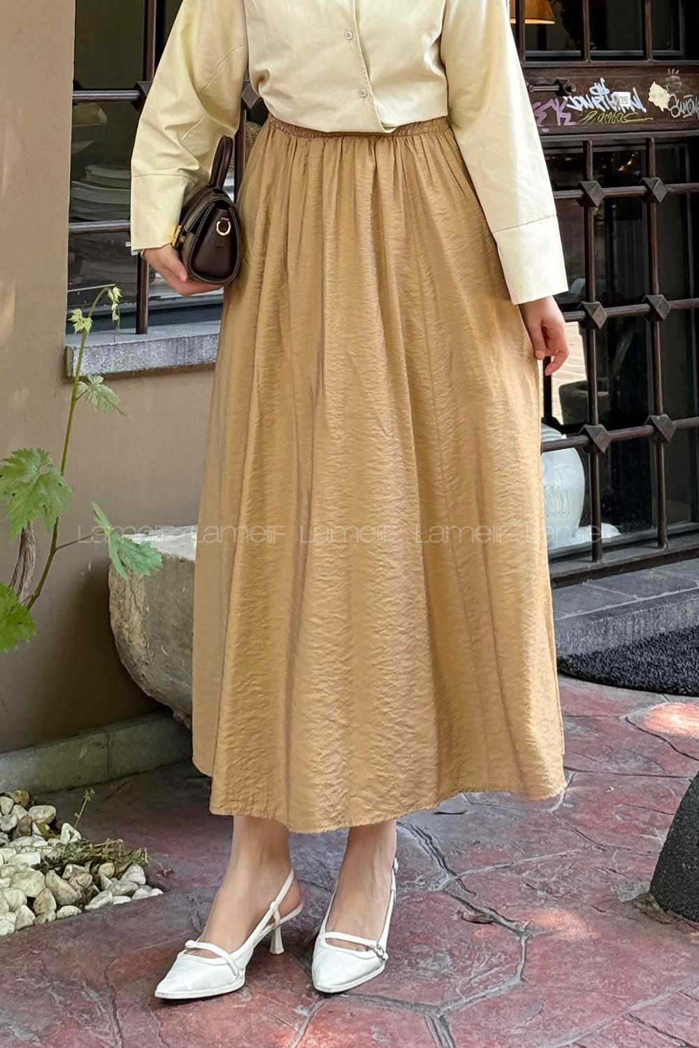 Lamelif Cep Detaylı Keten Etek Koyu Kahverengi