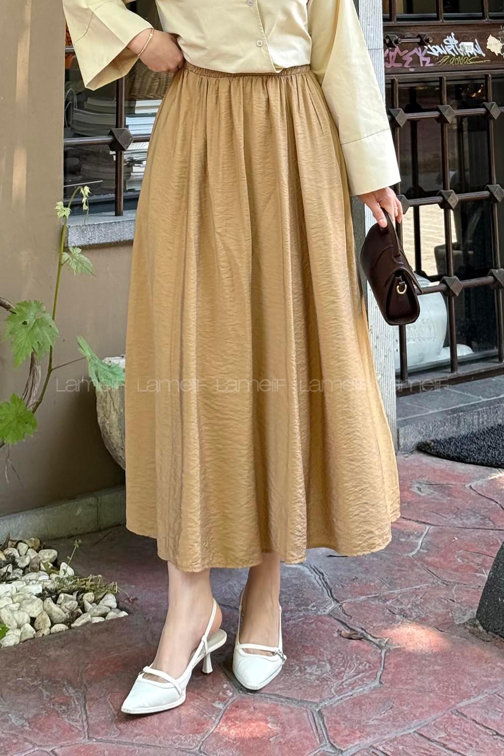 Lamelif Cep Detaylı Keten Etek Koyu Kahverengi