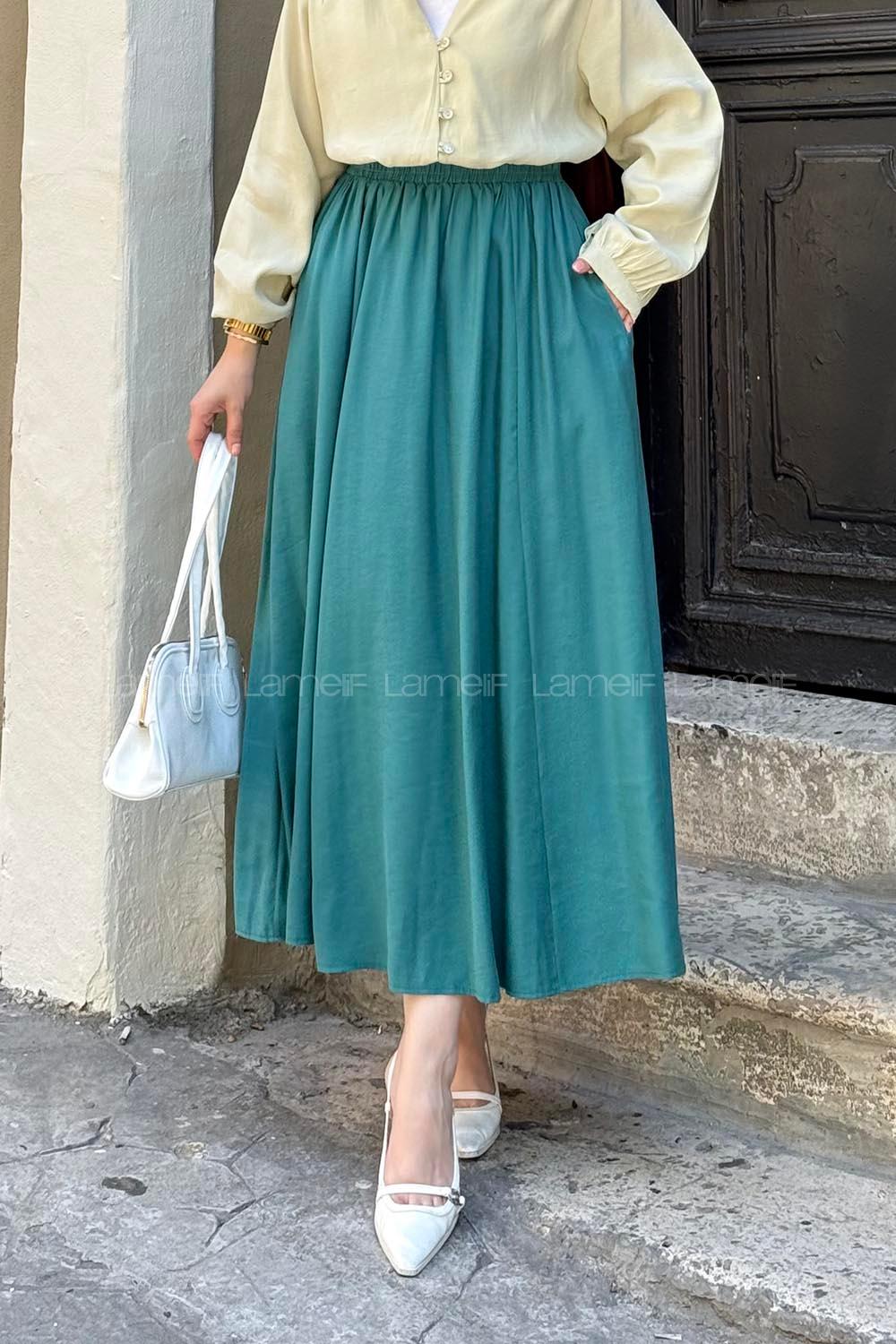 Lamelif Cep Detaylı Keten Etek Zümrüt Yeşili
