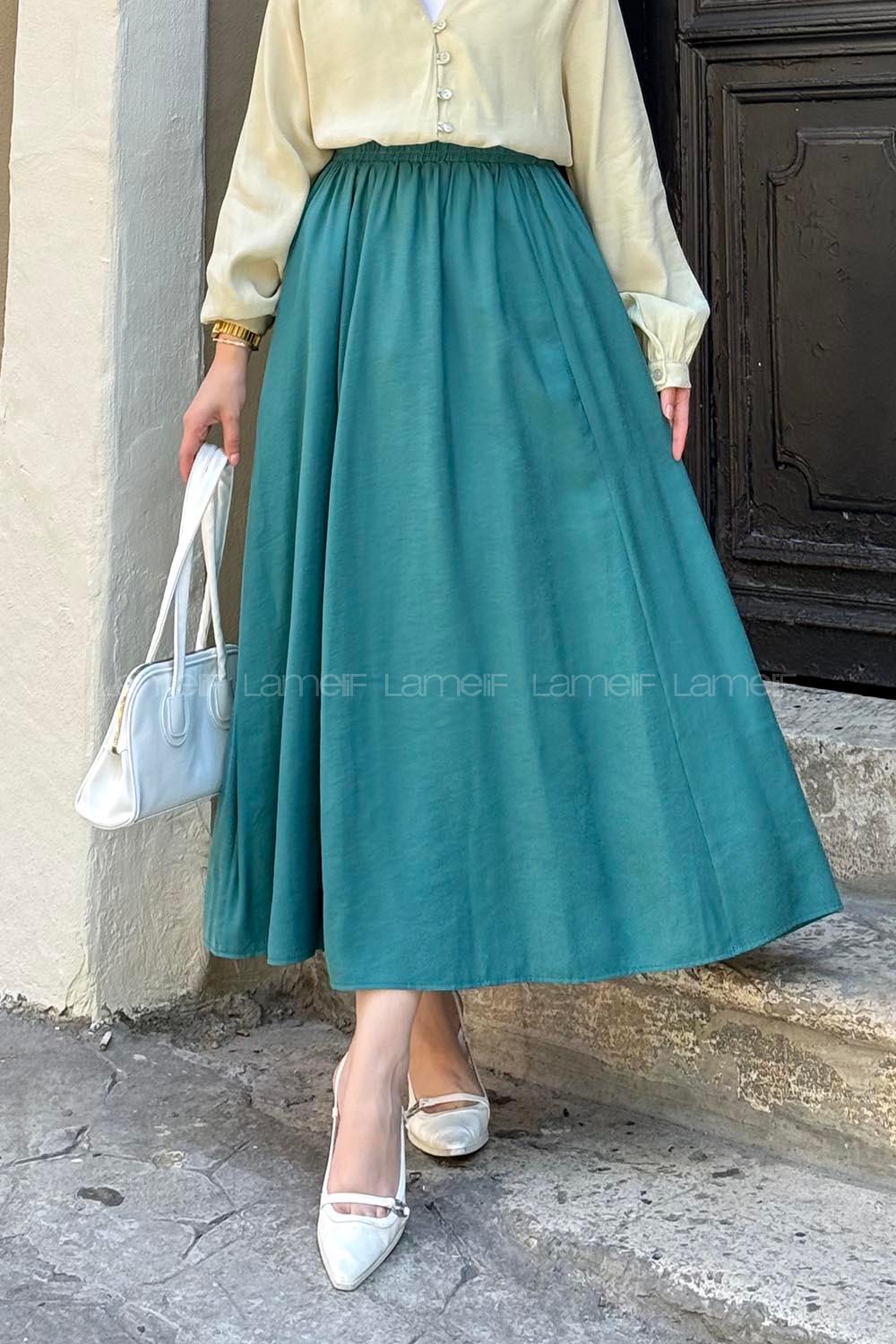 Lamelif Cep Detaylı Keten Etek Zümrüt Yeşili