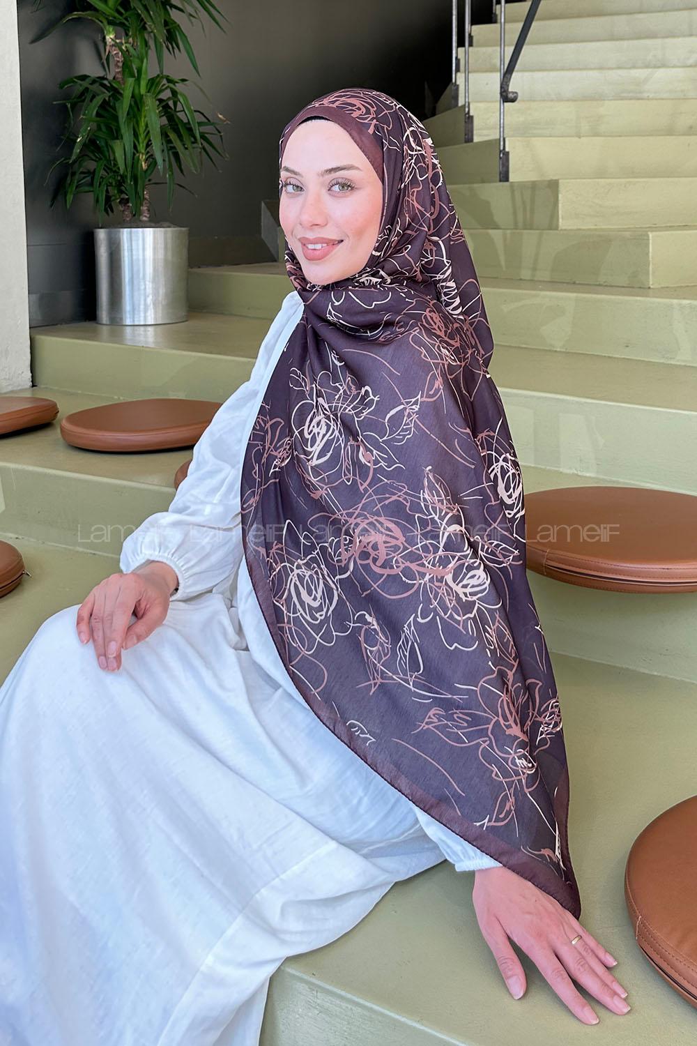 Lamelif Çicek Desen Soft Şal Acı Kahve