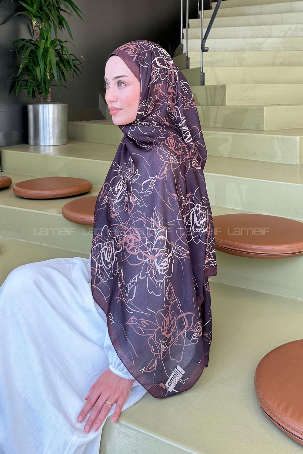 Lamelif Çicek Desen Soft Şal Acı Kahve