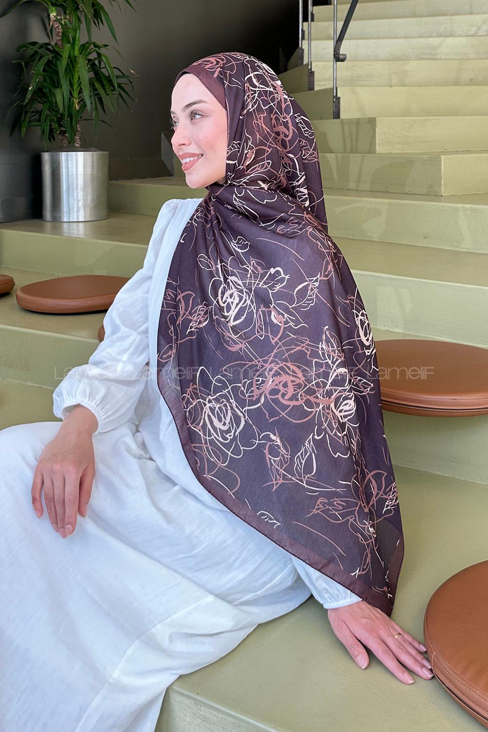 Lamelif Çicek Desen Soft Şal Acı Kahve