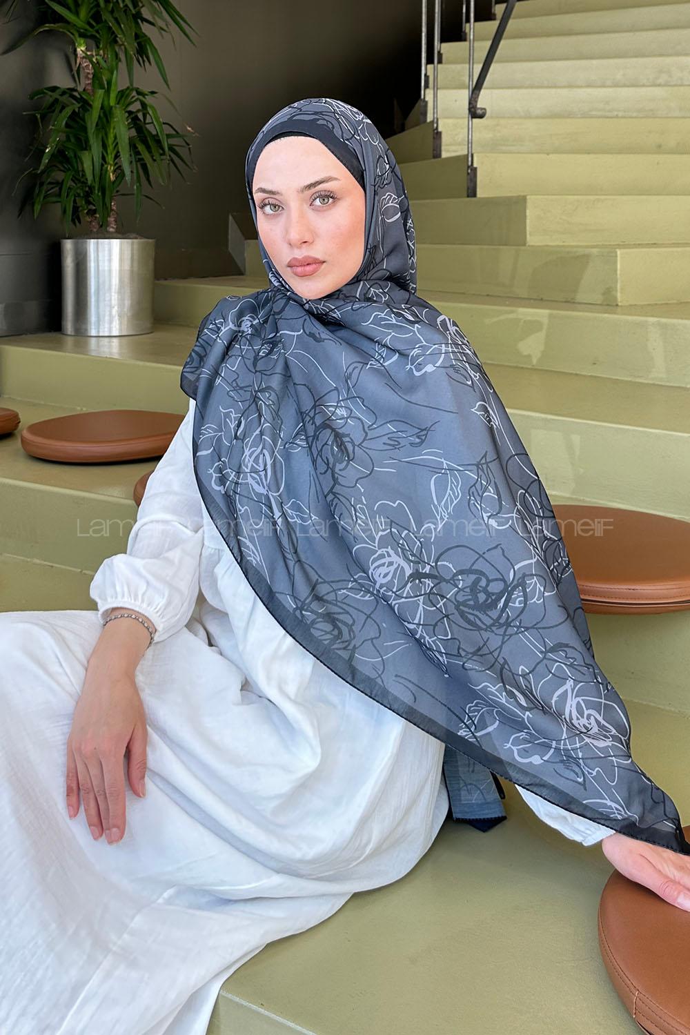 Anthracite Cotton Striped Flowering Printed Shawl