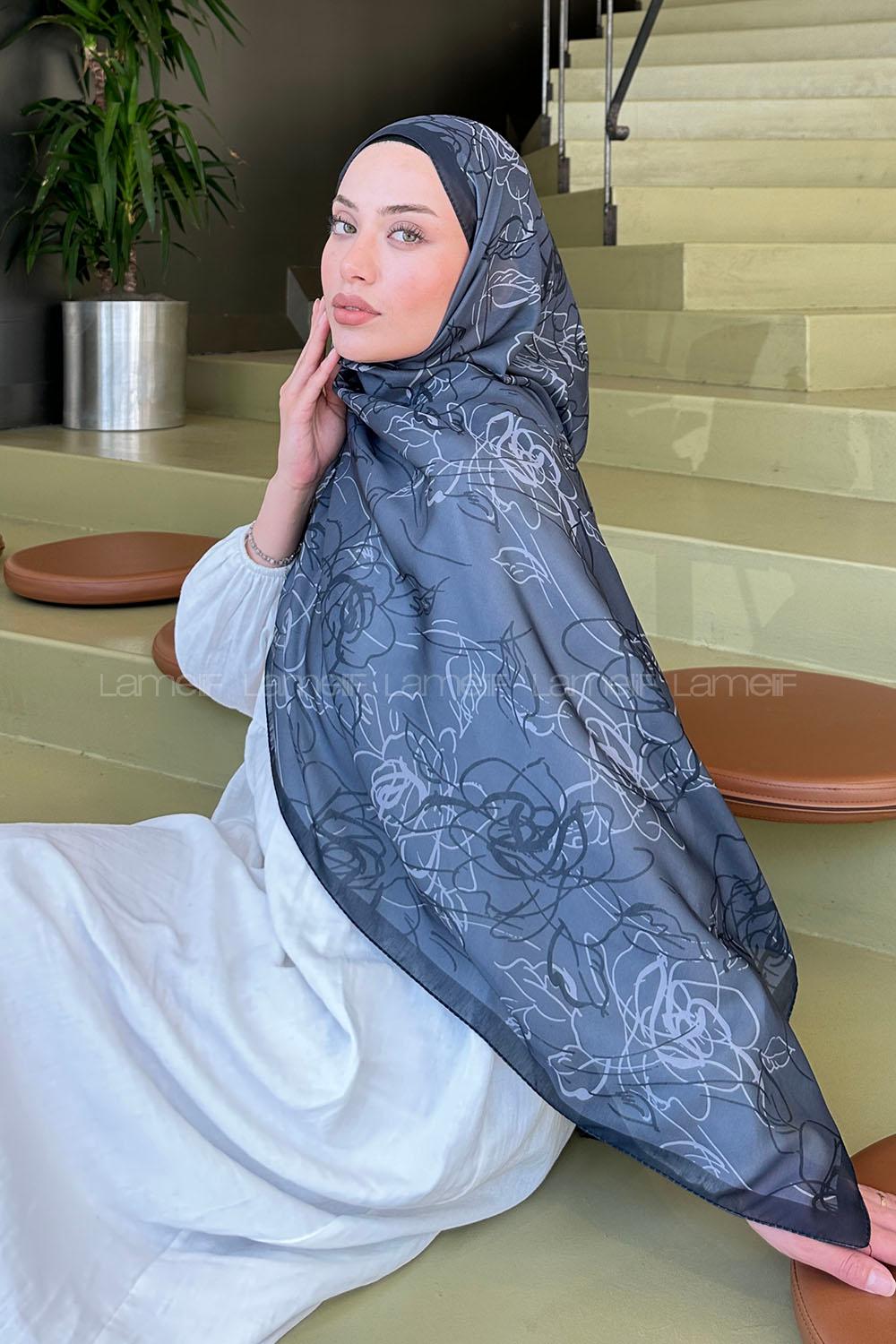 Anthracite Cotton Striped Flowering Printed Shawl