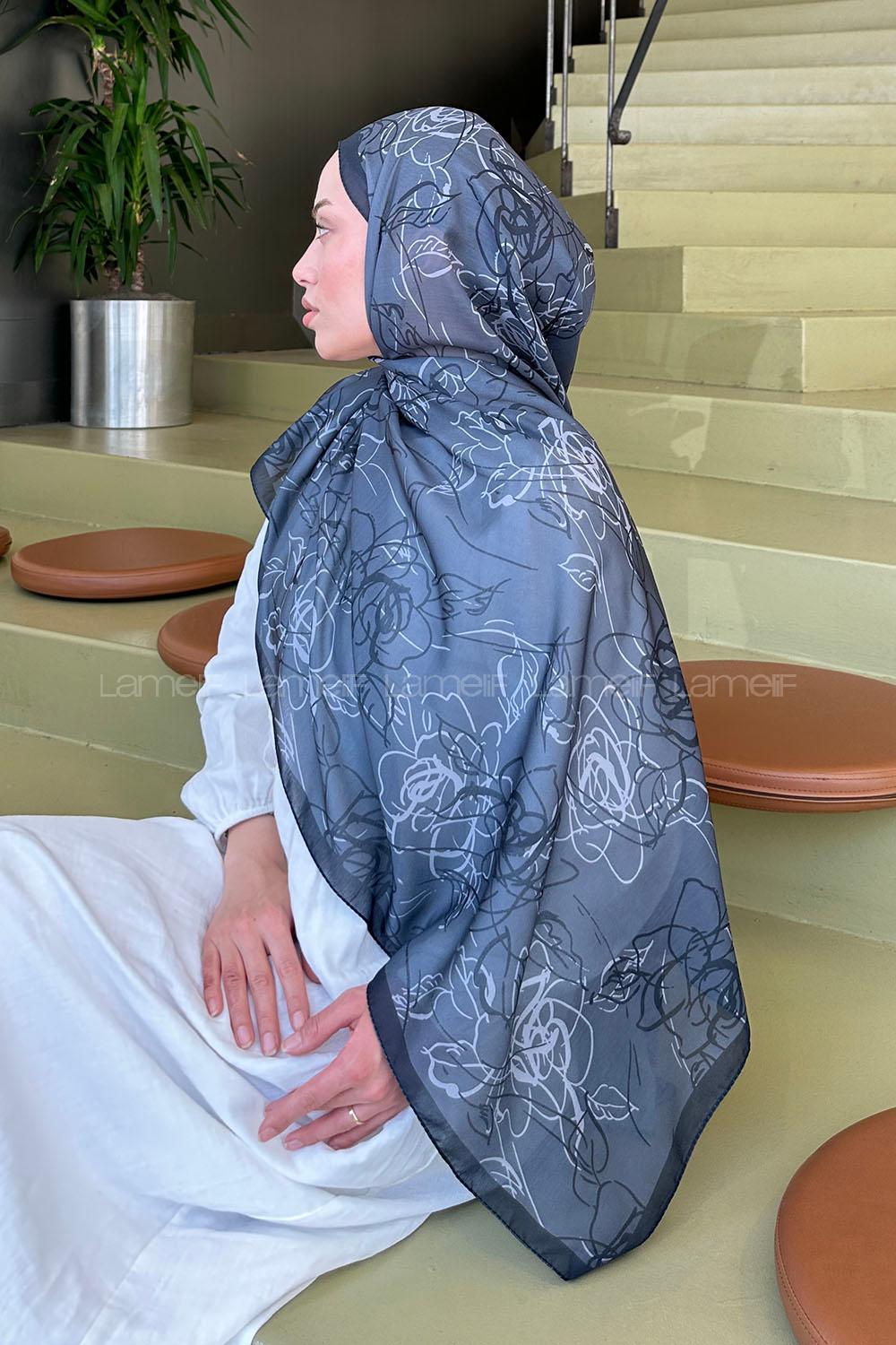 Anthracite Cotton Striped Flowering Printed Shawl