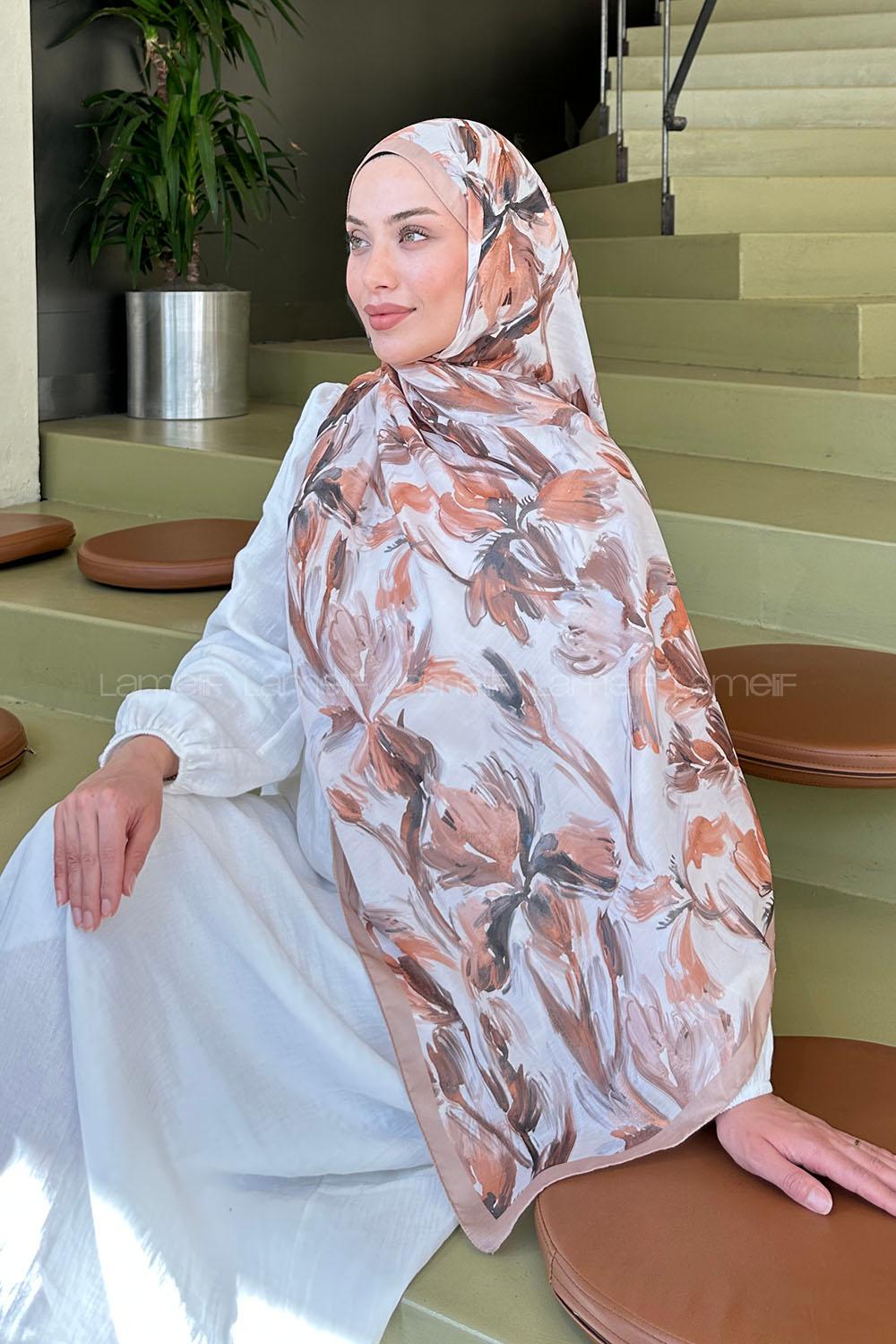 Lamelif Çicek Desen Soft Şal Bej