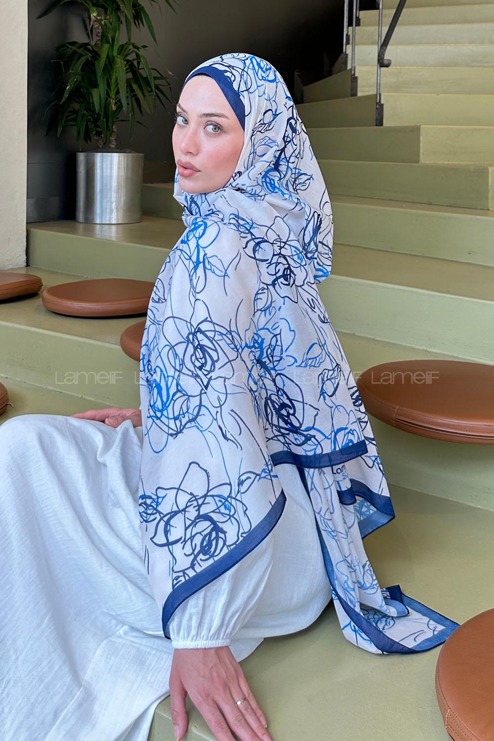 Lamelif Çicek Desen Soft Şal Ekru Gece Mavisi