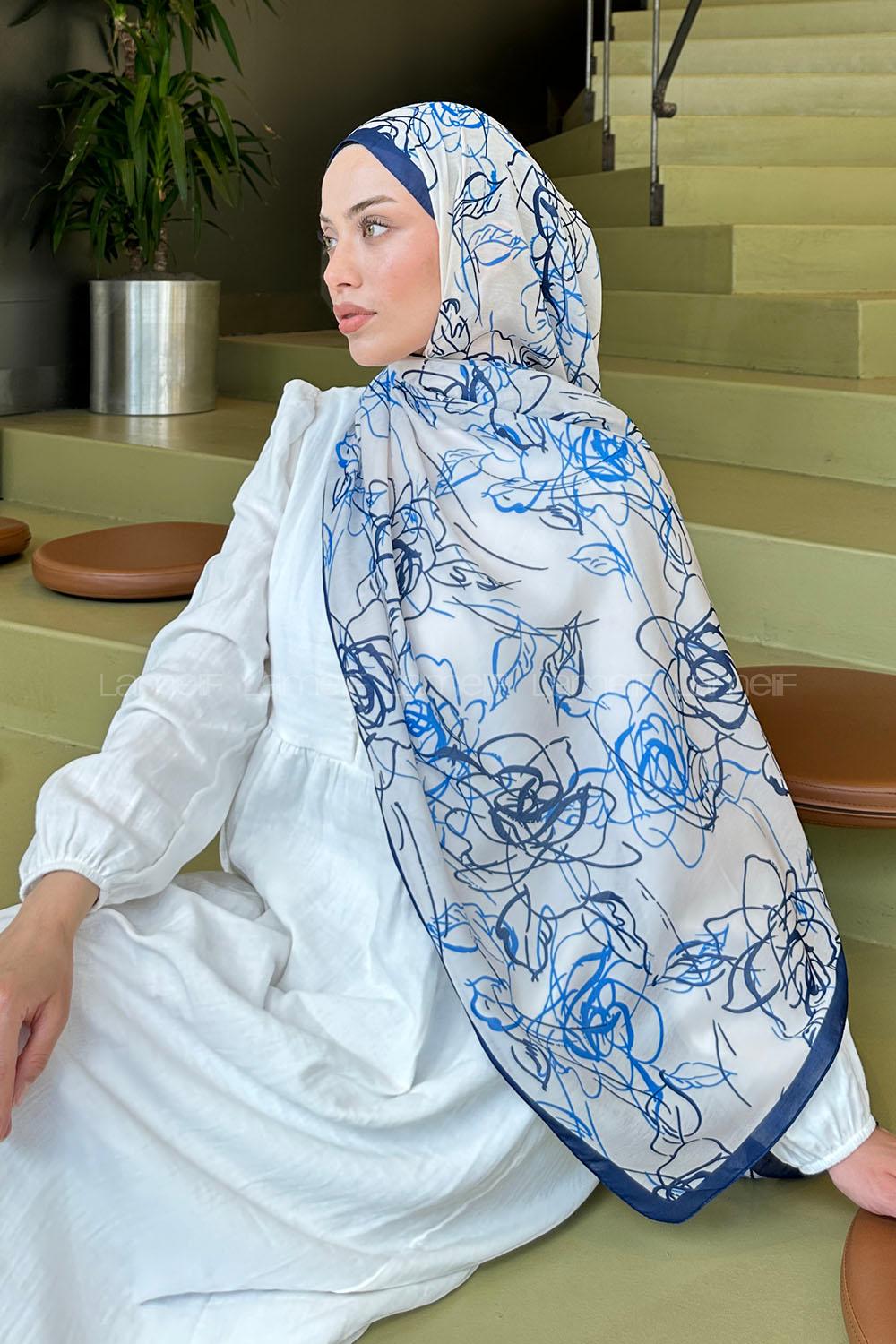 Lamelif Çicek Desen Soft Şal Ekru Gece Mavisi