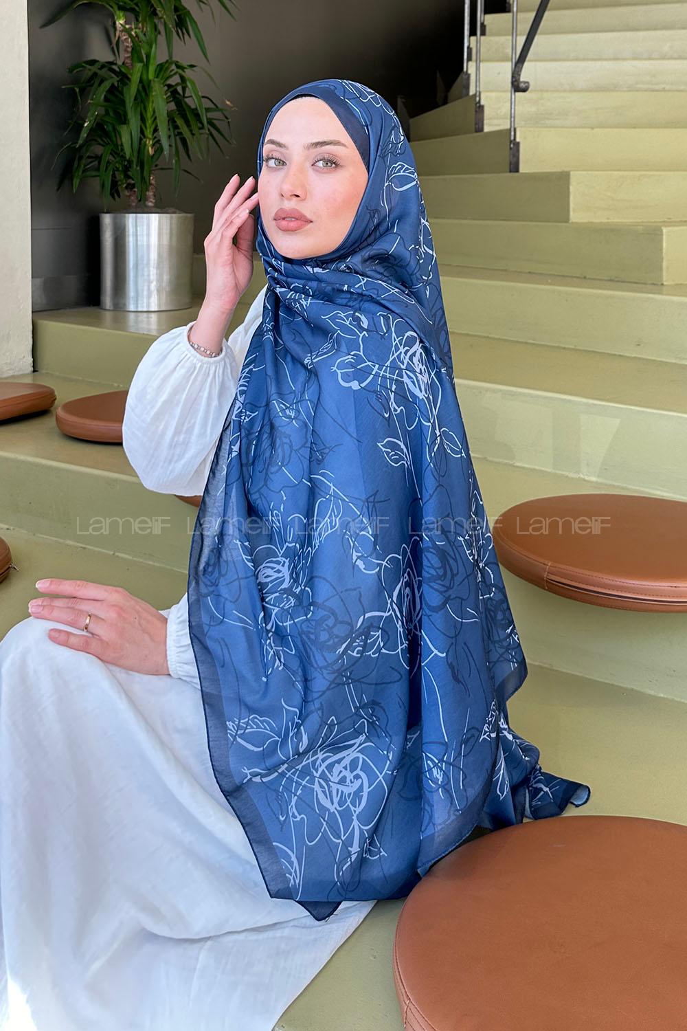 Lamelif Çicek Desen Soft Şal İndigo