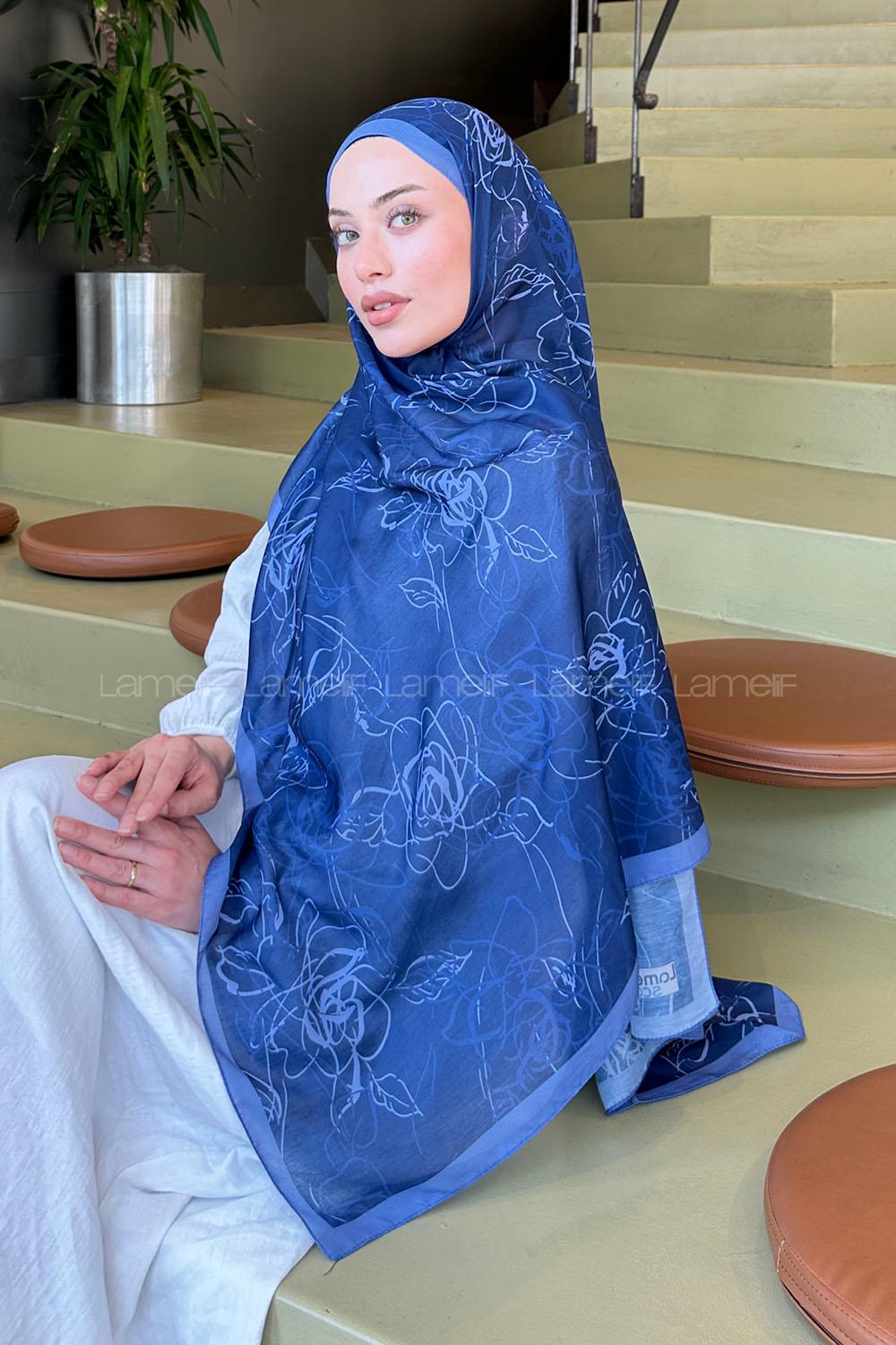 Lamelif Çicek Desen Soft Şal Lacivert