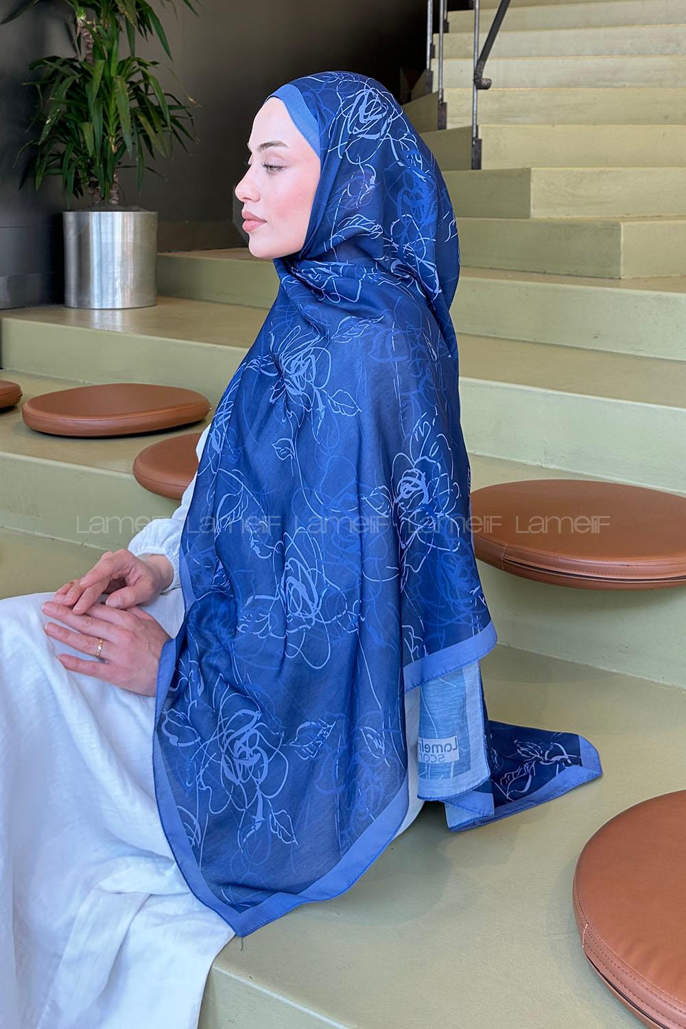 Lamelif Çicek Desen Soft Şal Lacivert