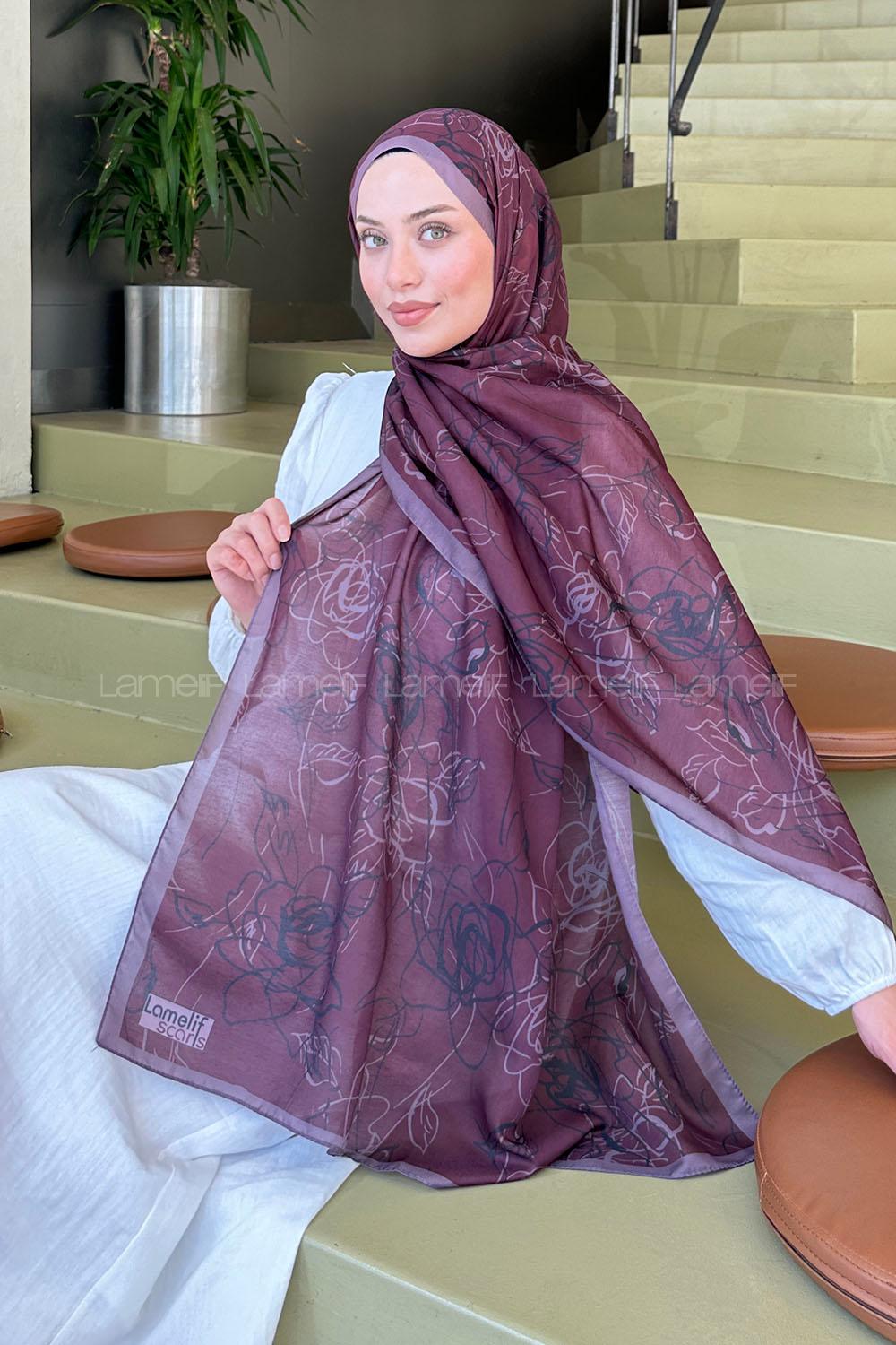 Plum Cotton Striped Flowering Printed Shawl