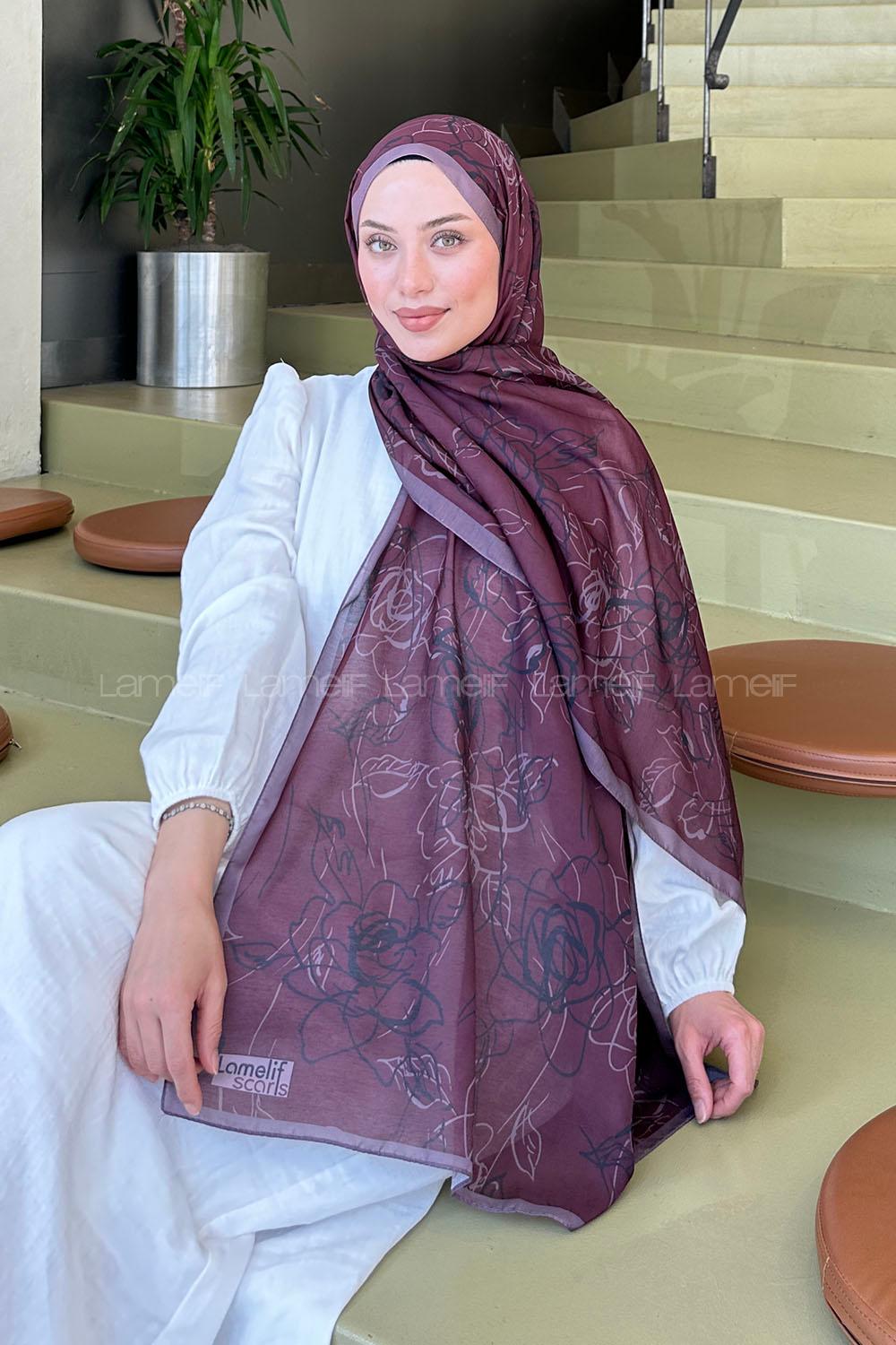 Plum Cotton Striped Flowering Printed Shawl